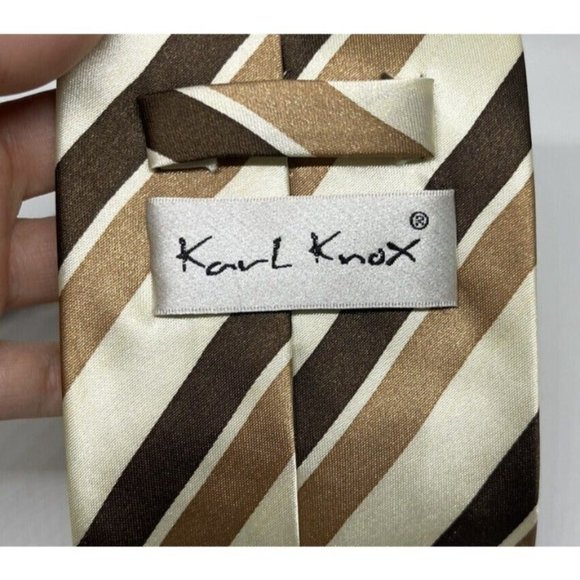 Karl Knox Mens Brown Neutral Striped Tie Mens Neckwear Handmade 100% Polyester - Picture 8 of 10